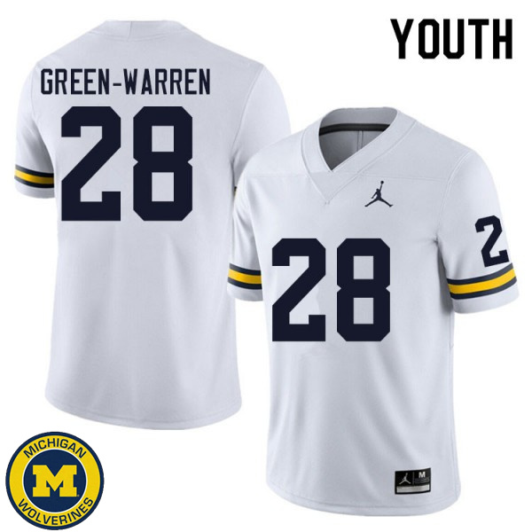 Youth University of Michigan #28 Darion Green-Warren White Embroidery Jersey